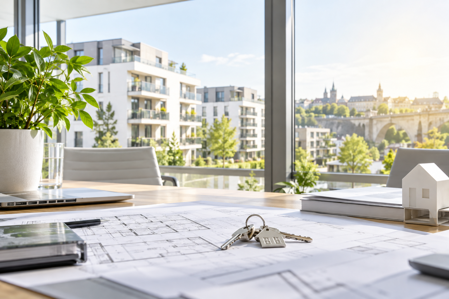 Symbolbild einer modernen Hausverwaltung mit Wohn- und Gewerbeimmobilien