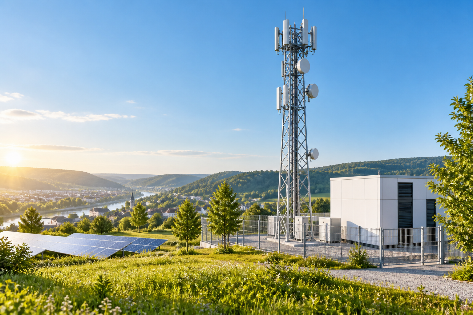 Symbolbild moderner Mobilfunk- und Energieinfrastruktur